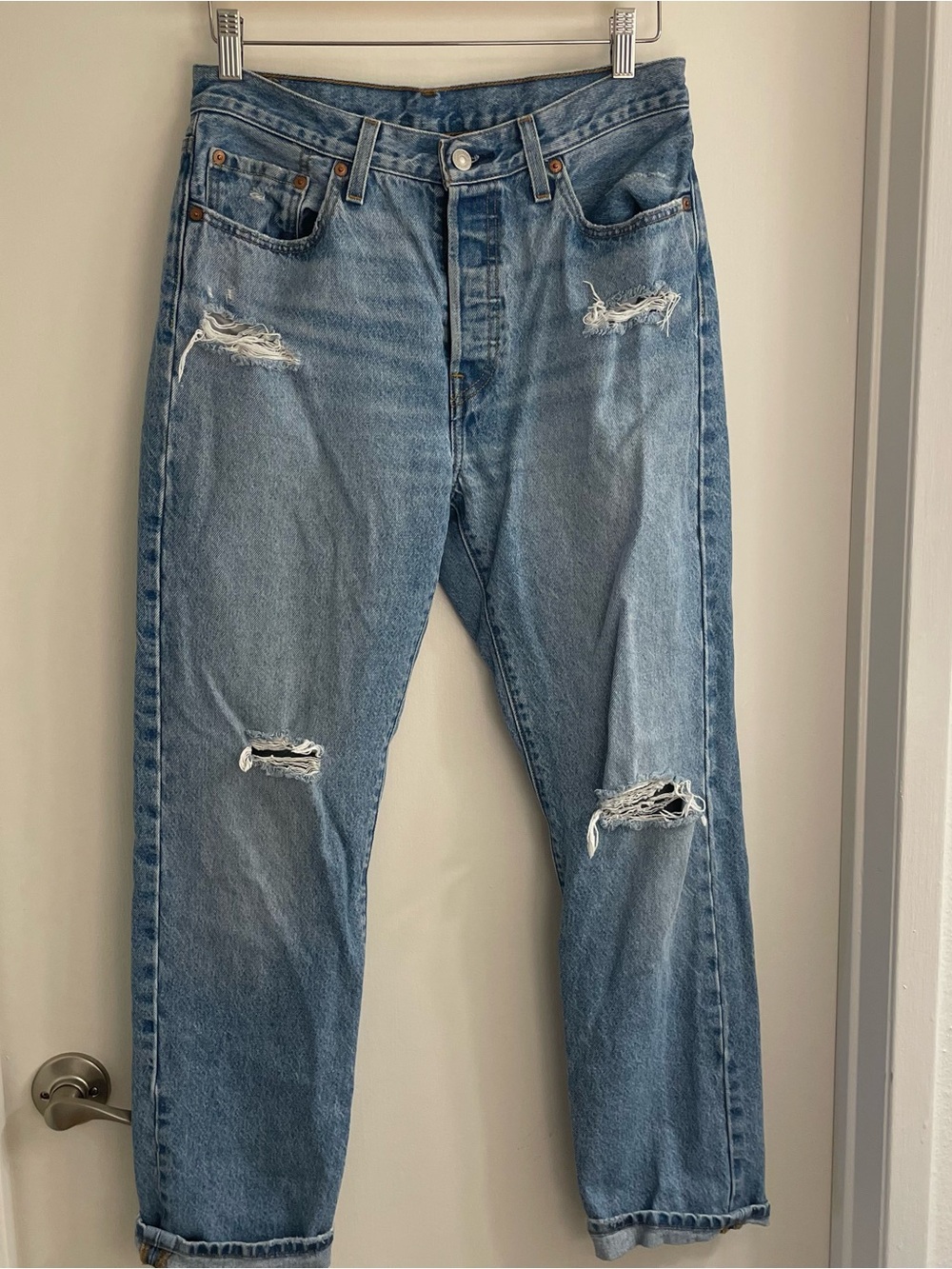 Levi's 501 Light Blue Distressed Straight Leg Jeans